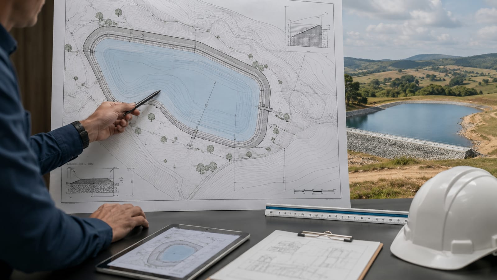 Reservatório off-stream (piscinão) implantado próximo a curso d'água, com planta técnica do projeto